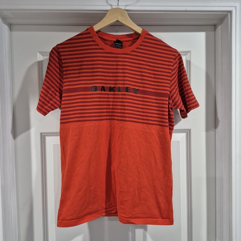 Vtg Y2K Oakley Shirt Mens Medium Red Orange Striped Short Sleeve Stretch Skater